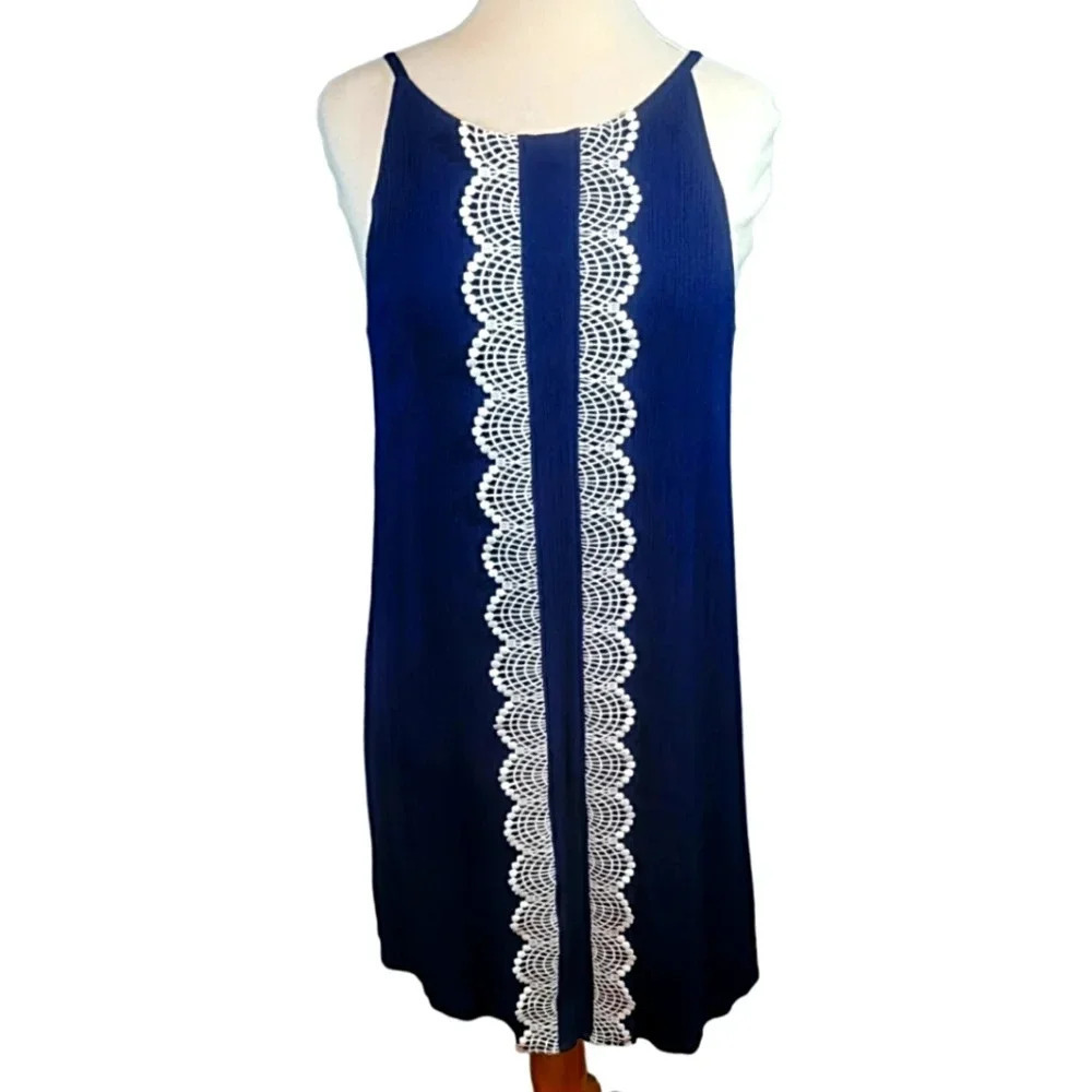 Westport Navy Scalloped Design Spaghetti Strap Dress Size Large
